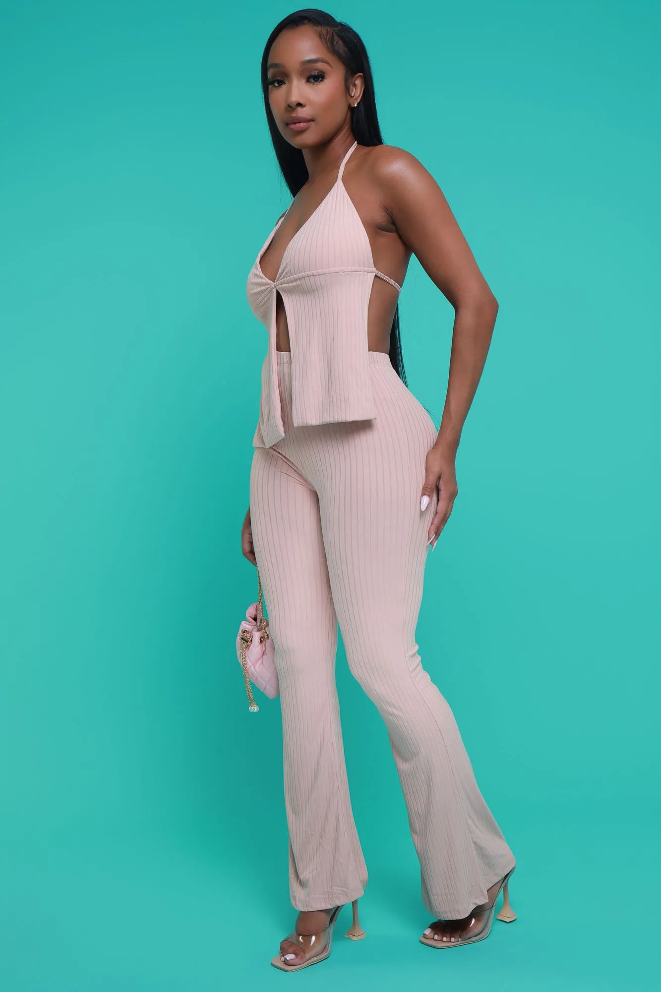 Stay Glam Backless Halter Flared Pants Set - Khaki sold by Swankaposh product image thumbnail 2