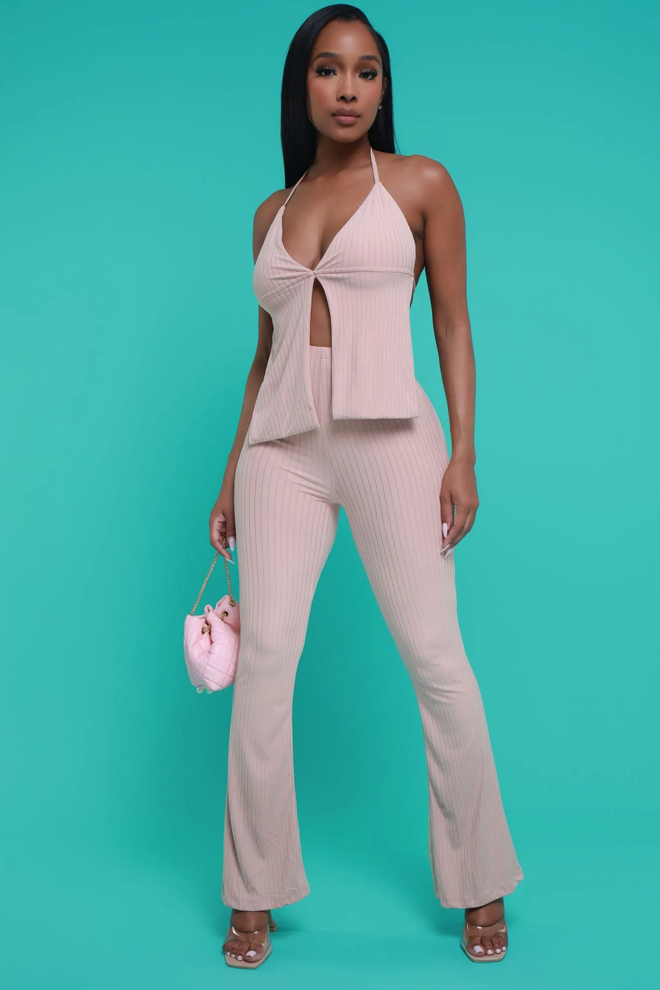 Stay Glam Backless Halter Flared Pants Set - Khaki sold by Swankaposh