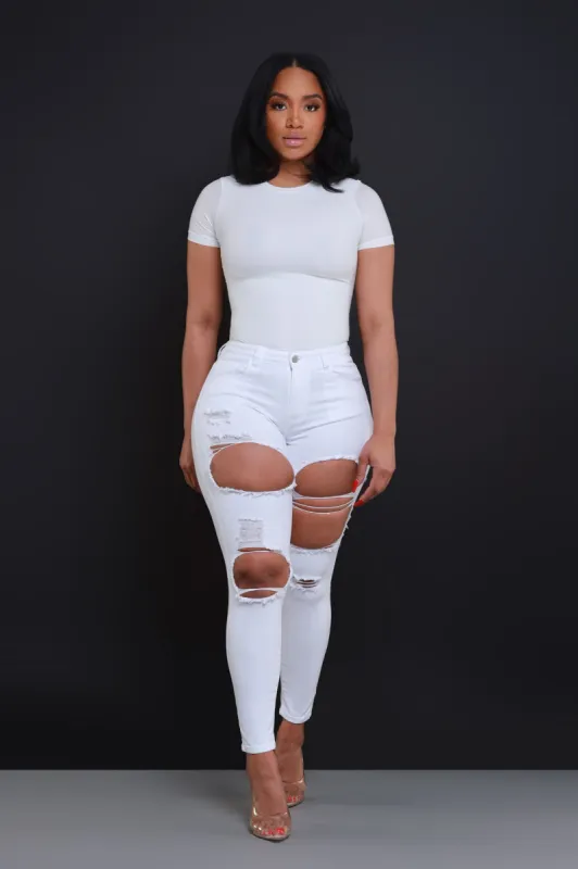 Do You Care Hourglass Distressed Stretchy Skinny Jeans - White sold by Swankaposh