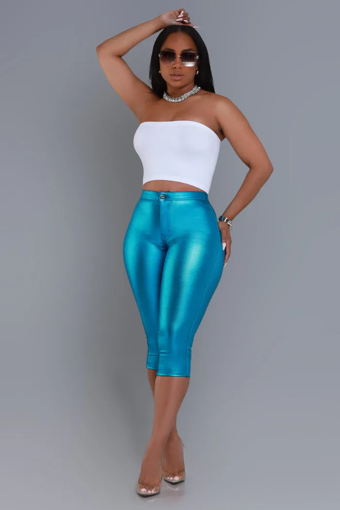 Make It Shimmer High Rise Metallic Capri Pants - Turquoise Blue sold by Swankaposh