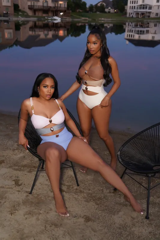 Going Overboard Cut Out Swimsuit Skirt Set - Pink/ Blue sold by Swankaposh