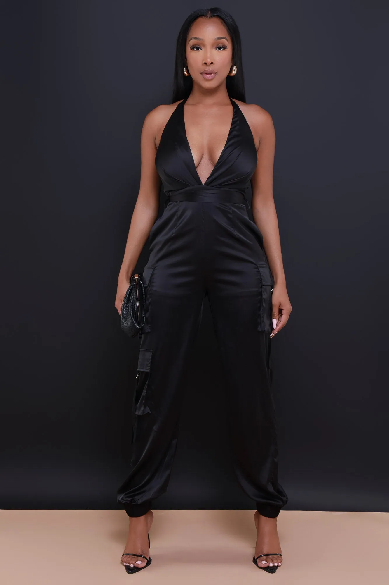 Empty Threats Satin Cargo Jumpsuit - Black sold by Swankaposh