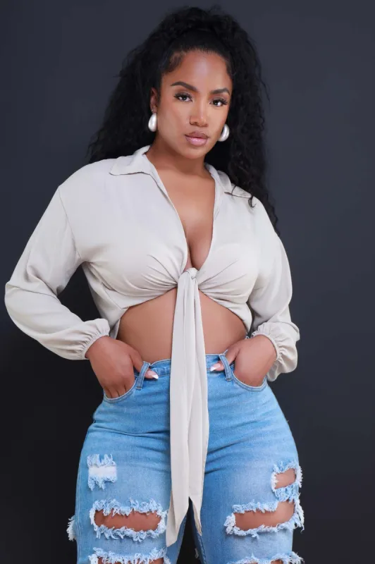 Lover Bubble Crepe Tie Up Top - Taupe sold by Swankaposh