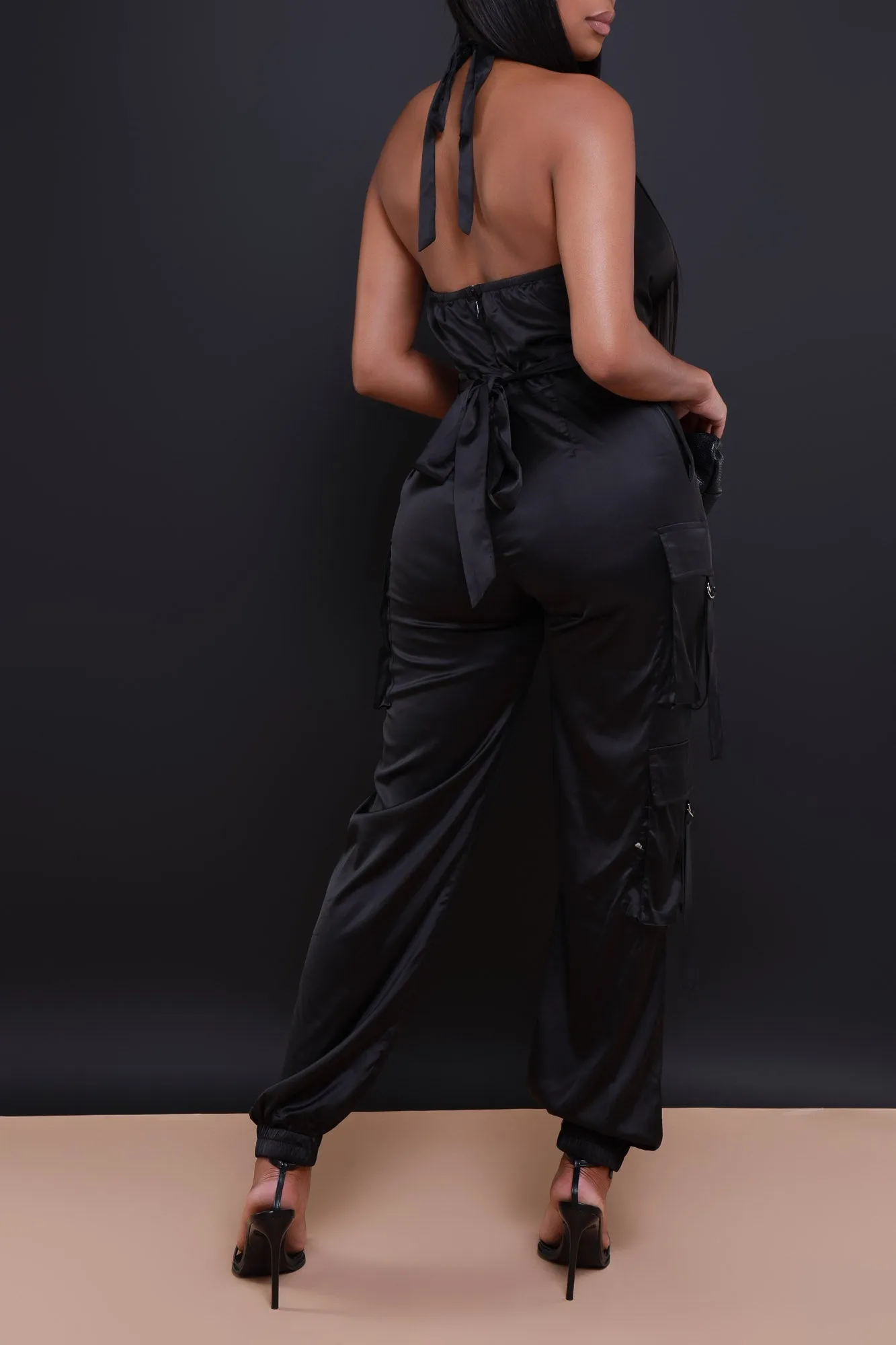 Empty Threats Satin Cargo Jumpsuit - Black sold by Swankaposh product image thumbnail 4
