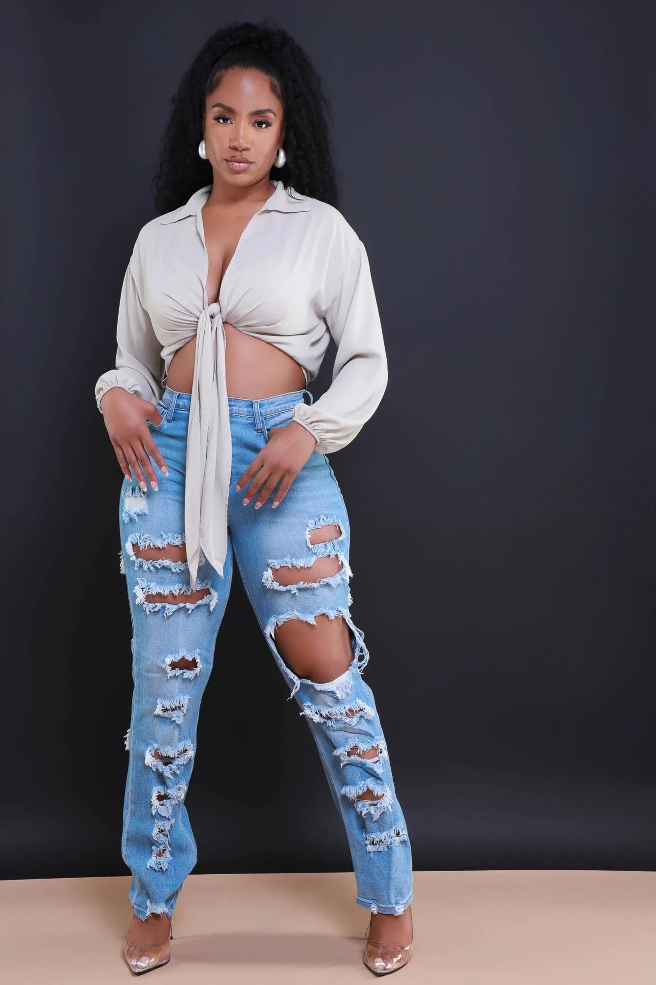 Lover Bubble Crepe Tie Up Top - Taupe sold by Swankaposh product image thumbnail 5