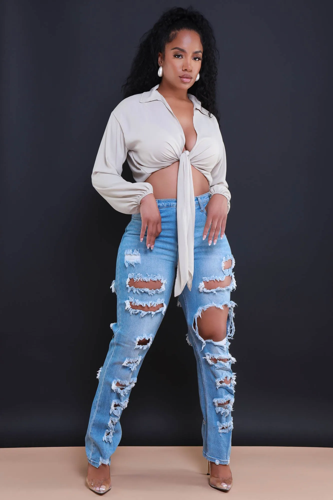 Lover Bubble Crepe Tie Up Top - Taupe sold by Swankaposh product image thumbnail 2