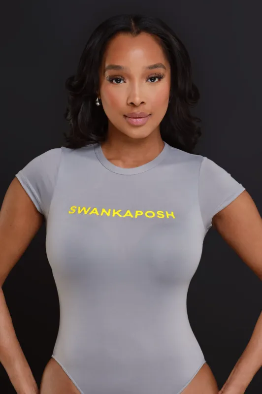 Swankaposh Logo Short Sleeve Bodysuit - Grey/Yellow sold by Swankaposh