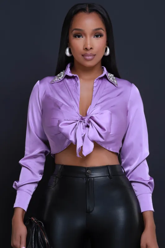 Try To Resist Embellished Satin Crop Top - Lilac sold by Swankaposh