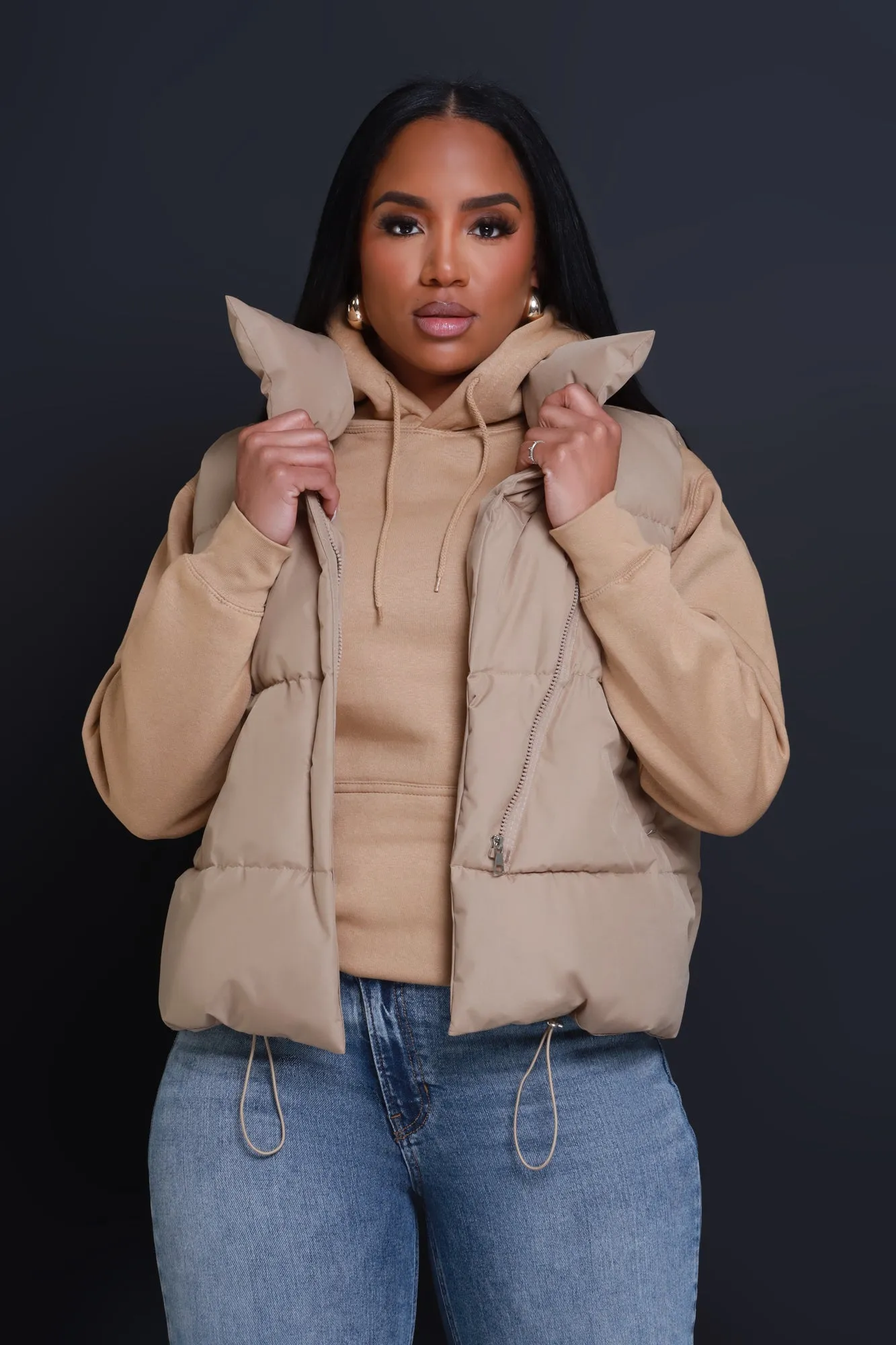 Stacked Sleeveless Puffer Vest - Khaki sold by Swankaposh