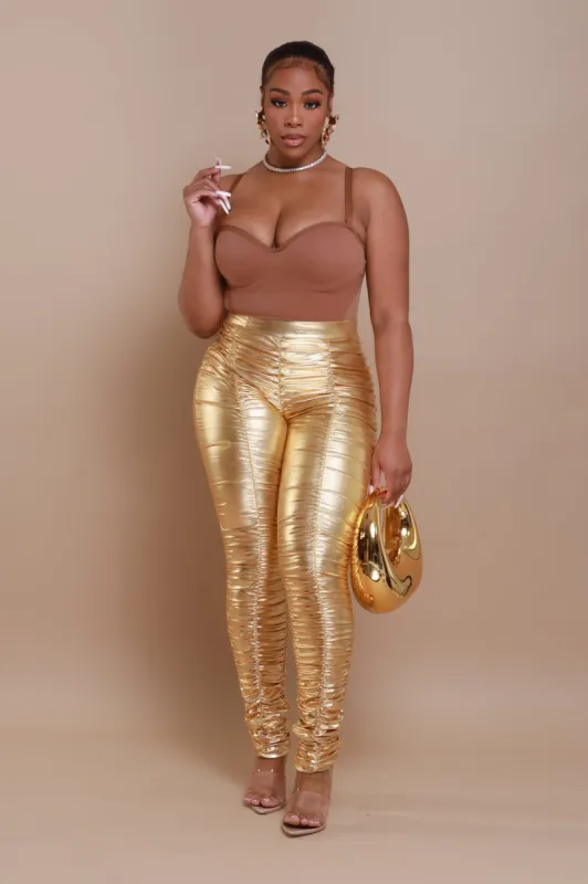 Be Honest Ruched High Waist Pants - Gold Metallic Leggings sold by Swankaposh