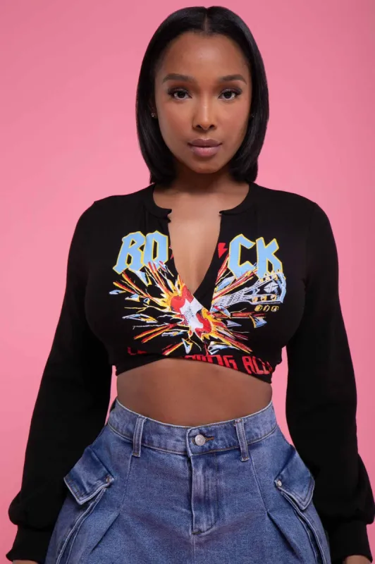 Captivate Graphic Print Tie Up Crop Top - Black sold by Swankaposh