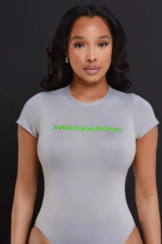 Swankaposh Logo Short Sleeve Bodysuit - Grey/Green sold by Swankaposh