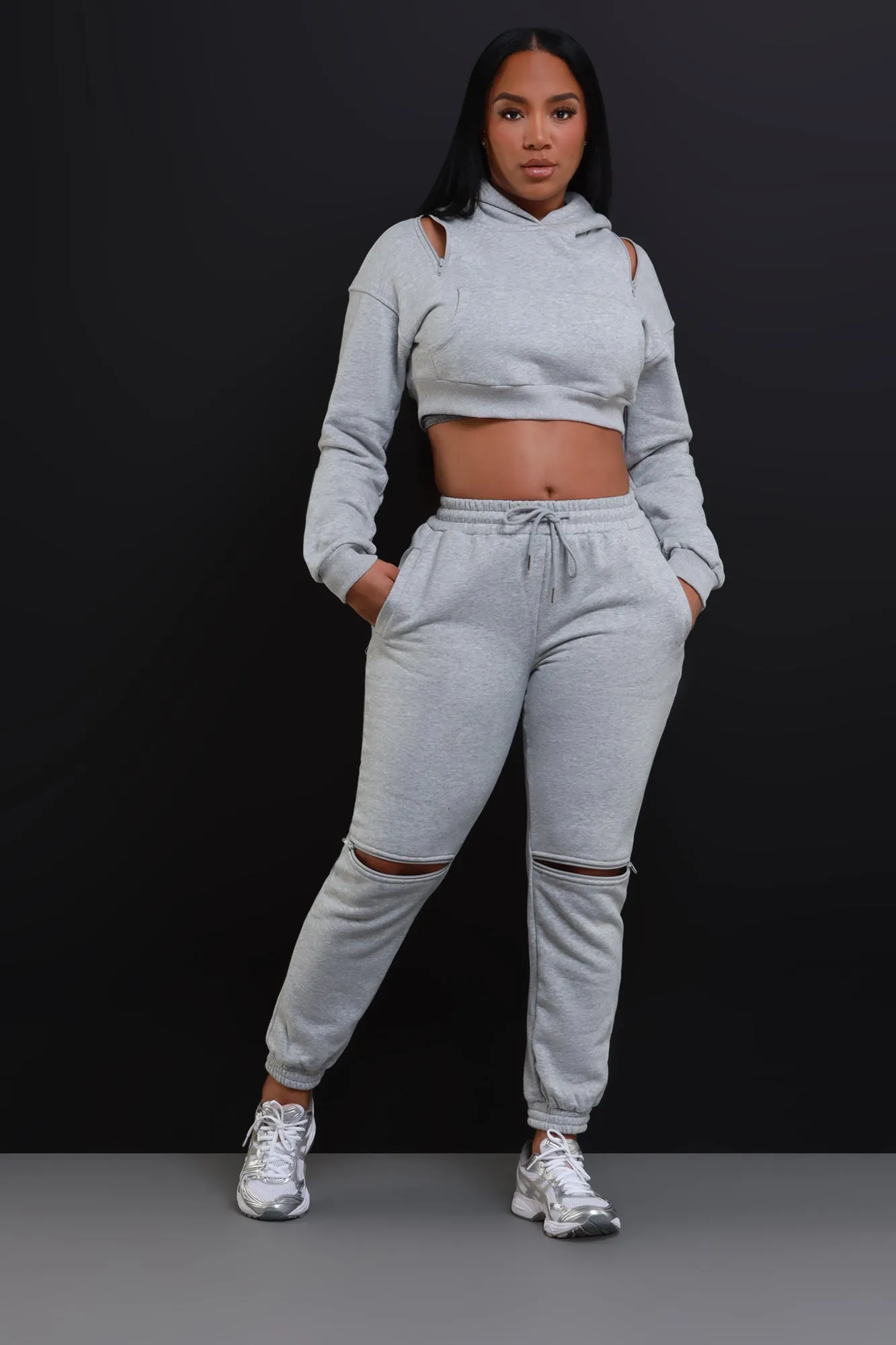 U-Turn Zippered Hoodie Jogger Set - Grey sold by Swankaposh