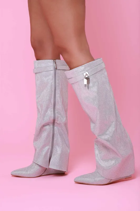 Special Effects Rhinestone Knee High Boots - Silver sold by Swankaposh