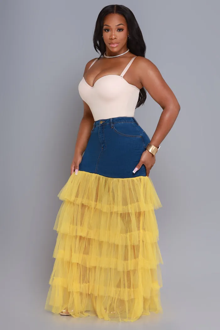 Deny Me This Ruffled Denim Maxi Skirt - Dark Wash/Yellow sold by Swankaposh product image thumbnail 3