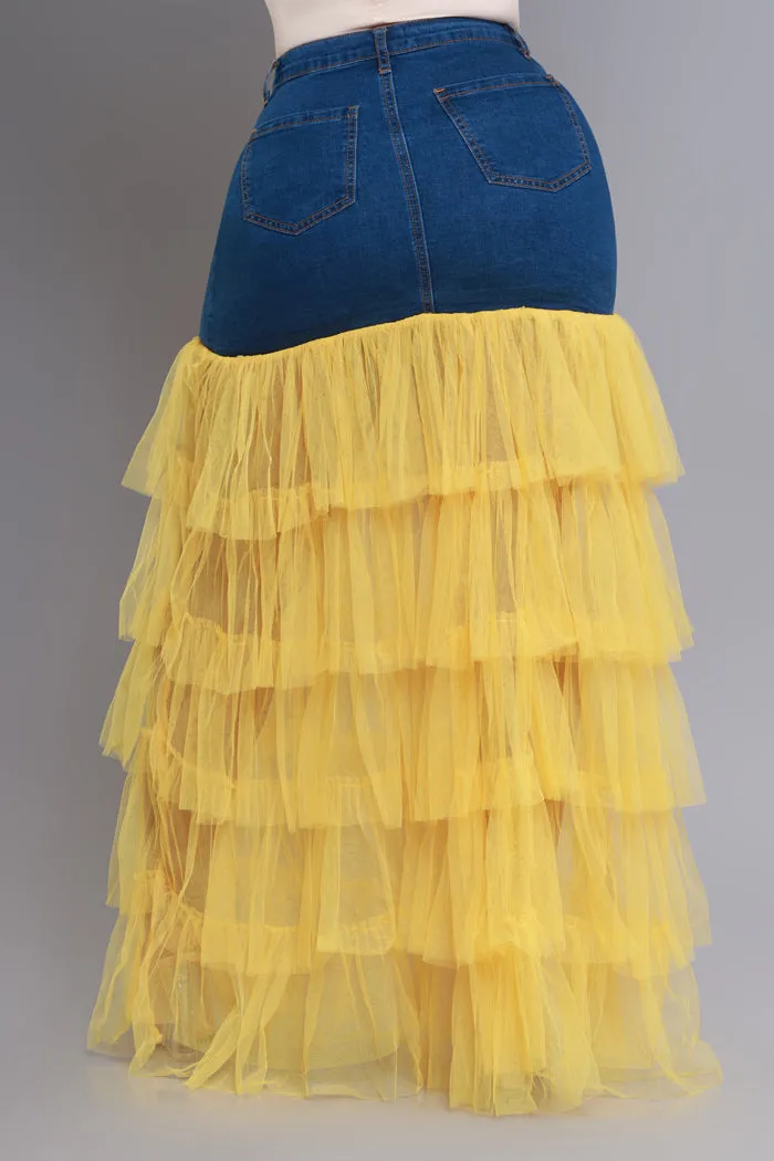 Deny Me This Ruffled Denim Maxi Skirt - Dark Wash/Yellow sold by Swankaposh product image thumbnail 4