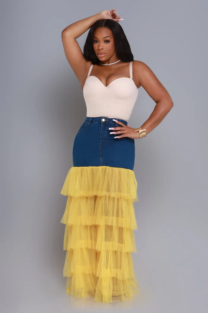 Deny Me This Ruffled Denim Maxi Skirt - Dark Wash/Yellow sold by Swankaposh