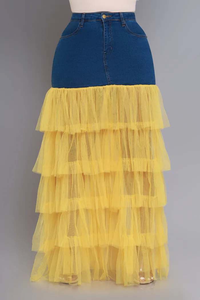 Deny Me This Ruffled Denim Maxi Skirt - Dark Wash/Yellow sold by Swankaposh product image thumbnail 2