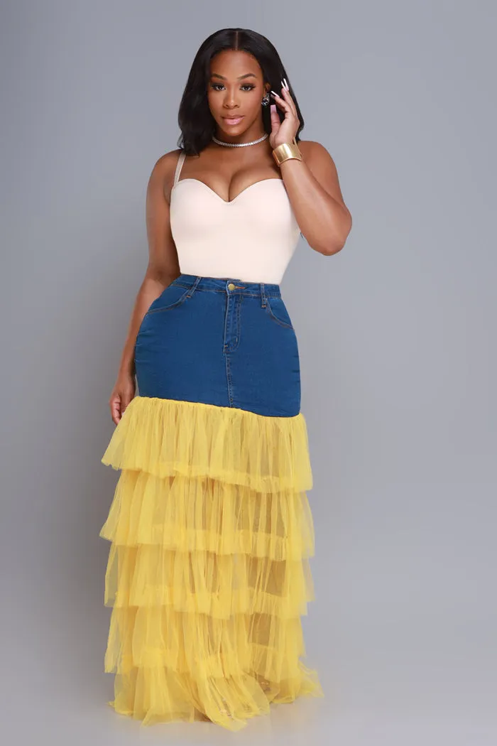 Deny Me This Ruffled Denim Maxi Skirt - Dark Wash/Yellow sold by Swankaposh product image thumbnail 5