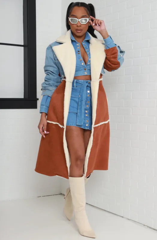Behind Me Longline Sherpa Denim Jacket - Brown sold by Swankaposh