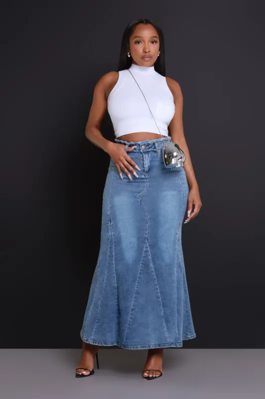 Anything Else Flared Denim Maxi Skirt - Medium Wash sold by Swankaposh