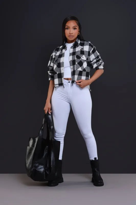 Wish You Were Here Cropped Flannel Button Up - White/Black sold by Swankaposh