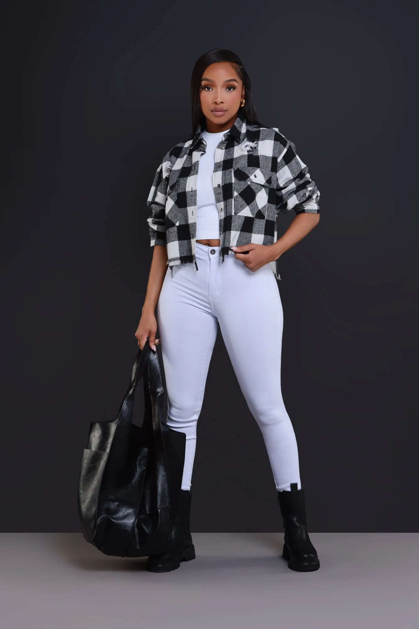 Wish You Were Here Cropped Flannel Button Up - White/Black sold by Swankaposh