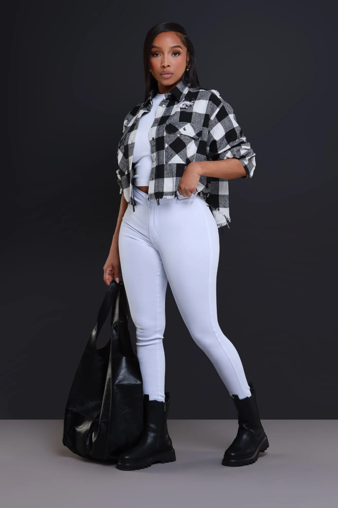 Wish You Were Here Cropped Flannel Button Up - White/Black sold by Swankaposh product image thumbnail 4