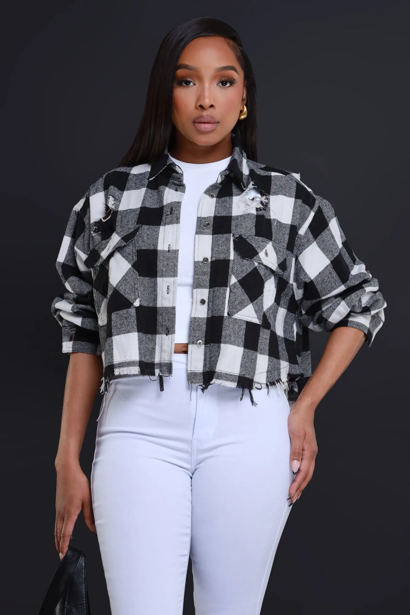 Wish You Were Here Cropped Flannel Button Up - White/Black sold by Swankaposh product image thumbnail 2
