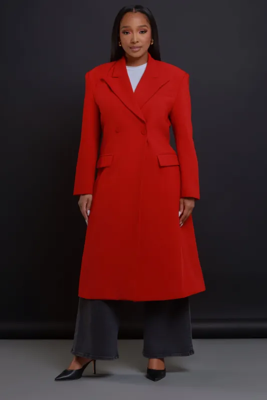 Take Notes Double Breasted Longline Coat - Red sold by Swankaposh