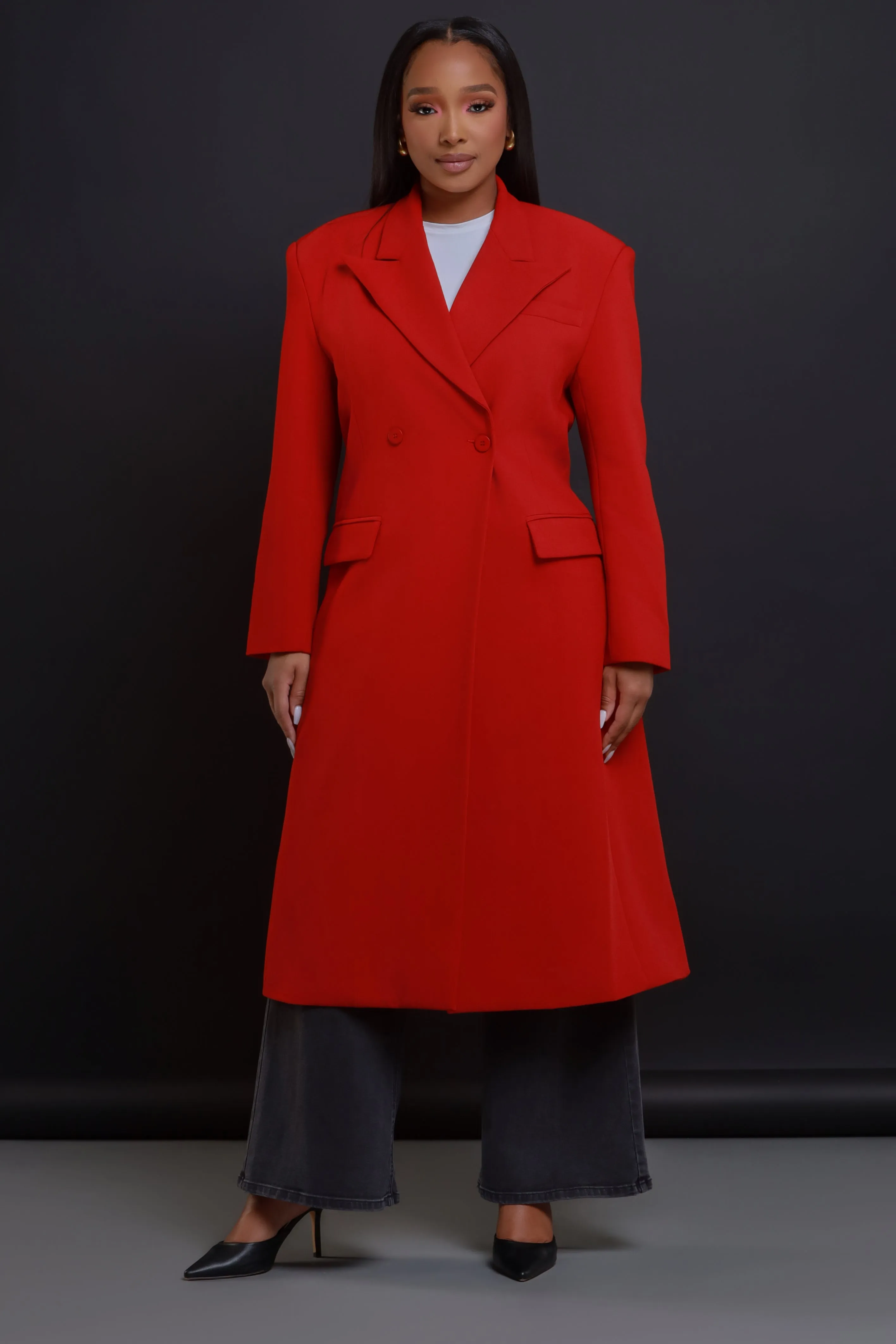 Take Notes Double Breasted Longline Coat - Red sold by Swankaposh