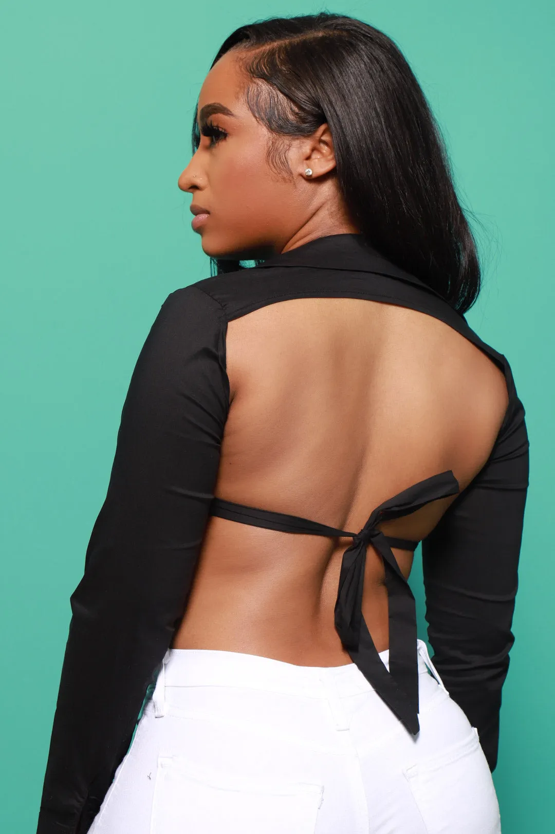 Exposed Open Back Cropped Blouse - Black sold by Swankaposh product image thumbnail 2