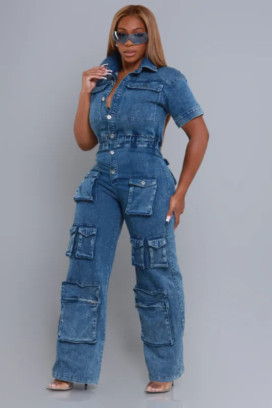 Borderline Short Sleeve Cargo Jumpsuit - Dark Wash sold by Swankaposh