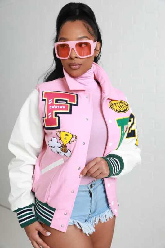 First Class Faux Leather Varsity Jacket - Pink/White sold by Swankaposh