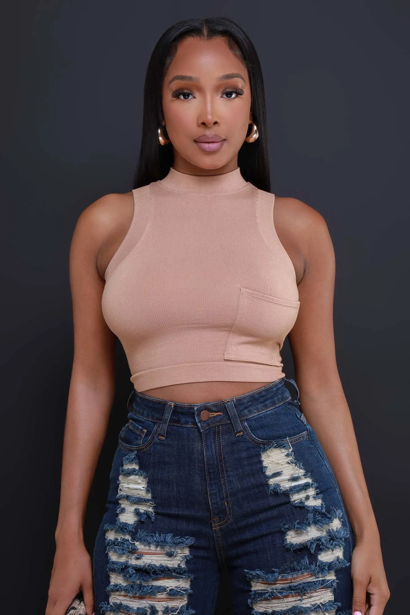 Sit Tight Micro Ribbed Pocket Crop Top - Caramel sold by Swankaposh