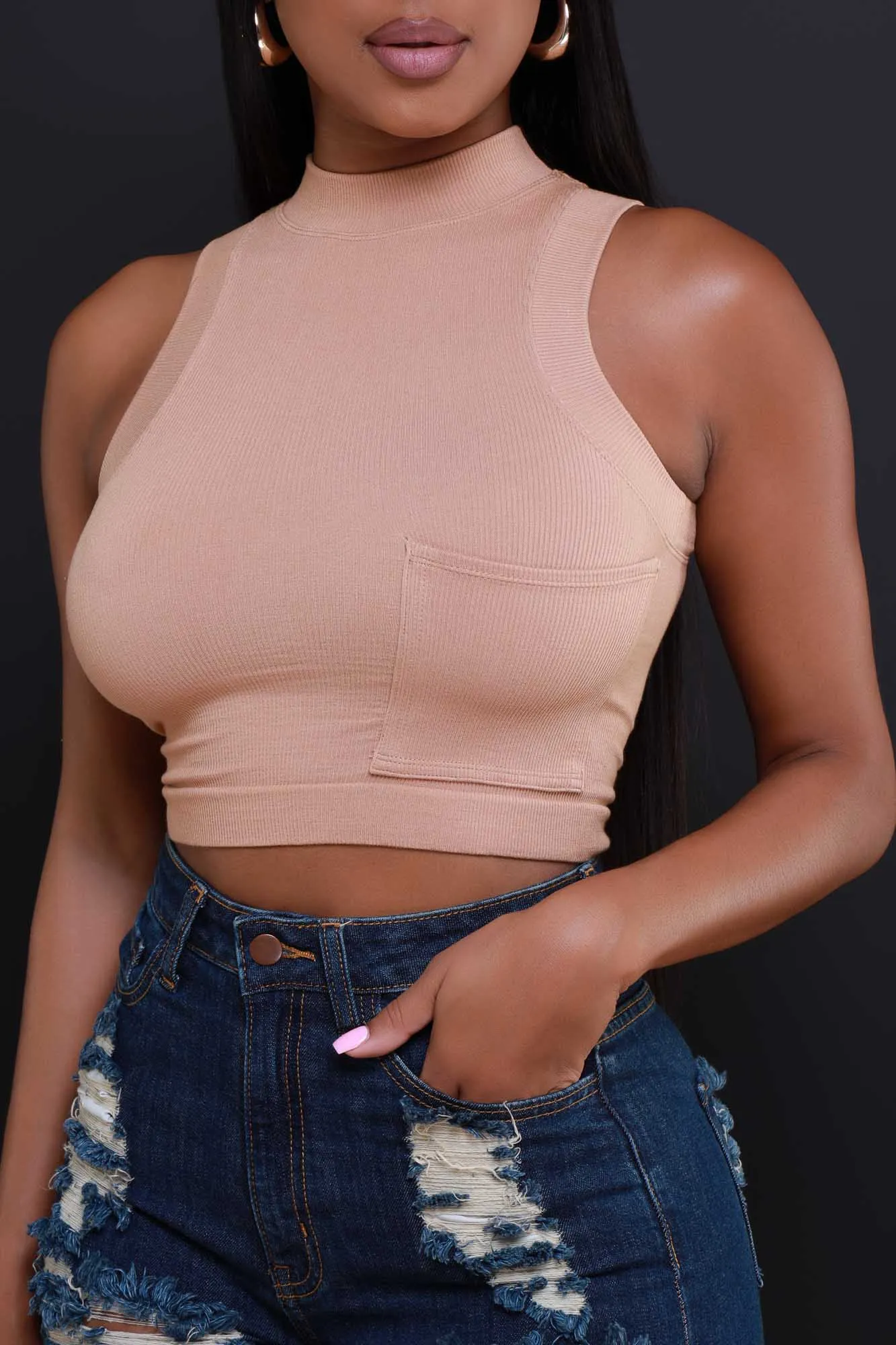 Sit Tight Micro Ribbed Pocket Crop Top - Caramel sold by Swankaposh product image thumbnail 4