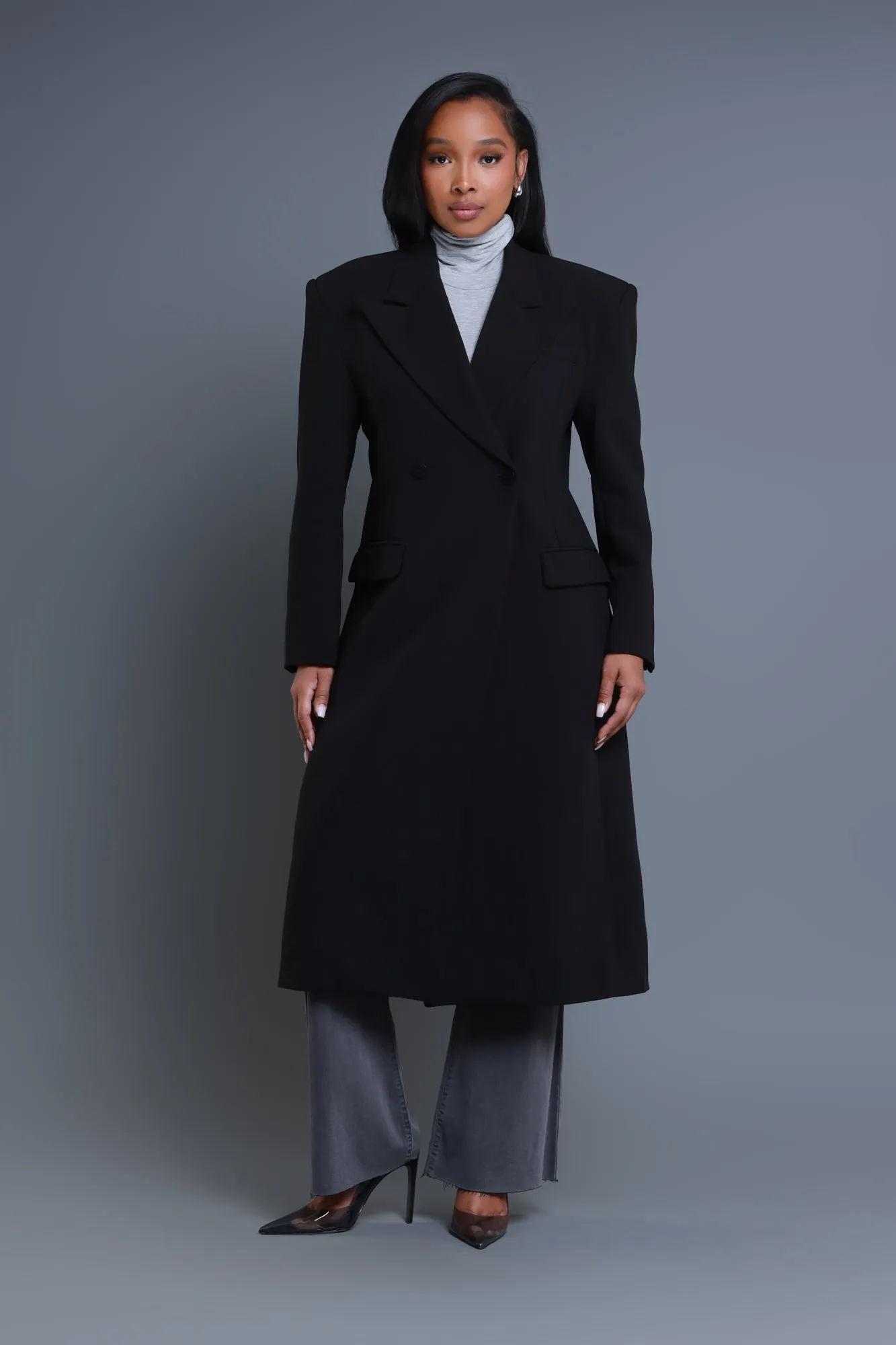 Take Notes Double Breasted Longline Coat - Black sold by Swankaposh product image thumbnail 4