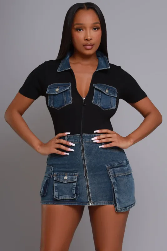 Regret It Cargo Mini Dress - Black / Medium Wash sold by Swankaposh