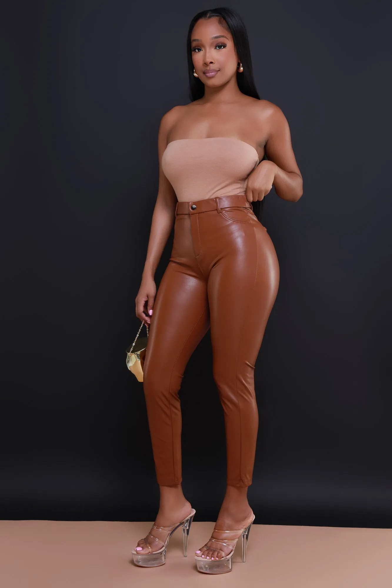 Rock Superstar Faux Leather Pants - Camel sold by Swankaposh
