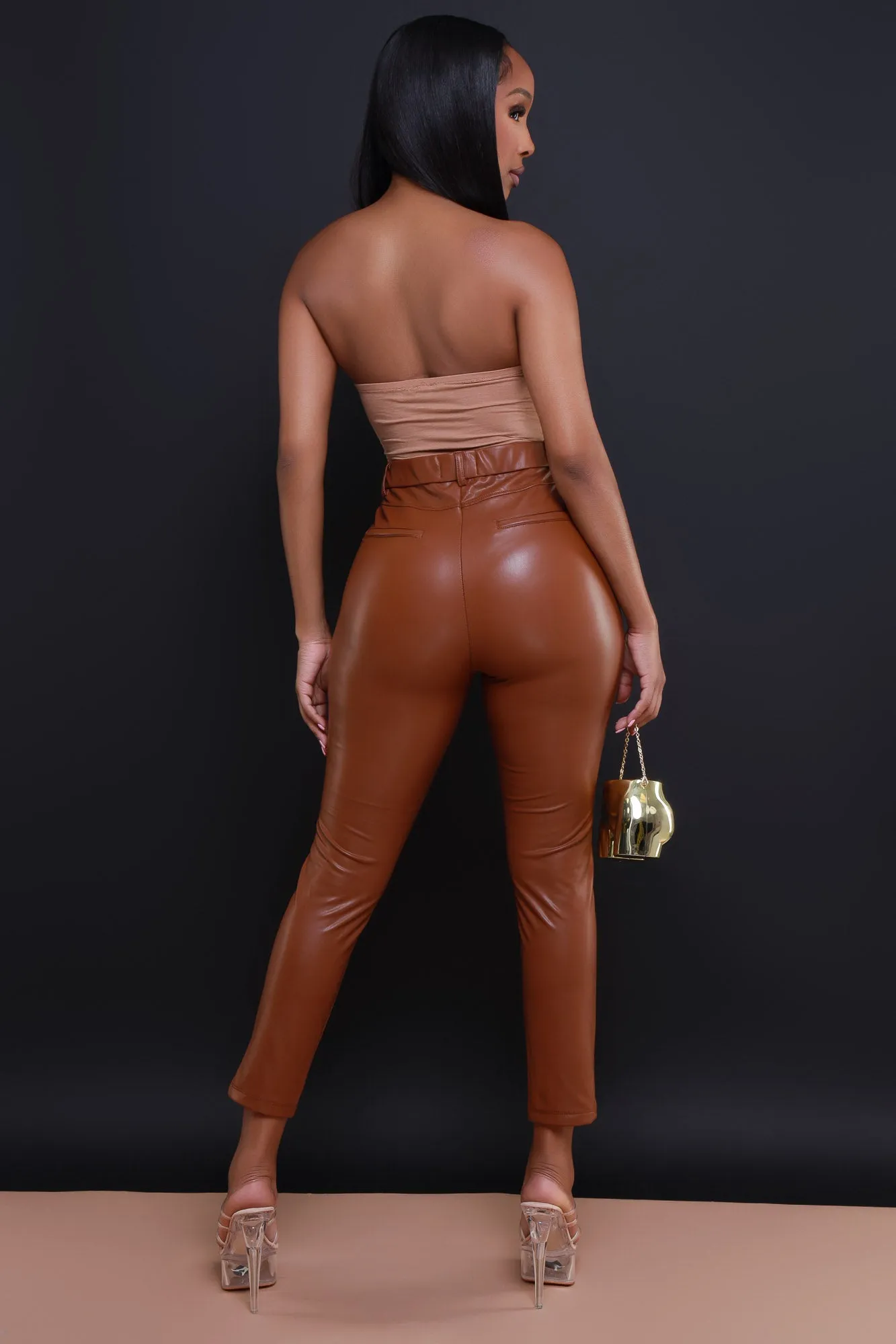 Rock Superstar Faux Leather Pants - Camel sold by Swankaposh product image thumbnail 2