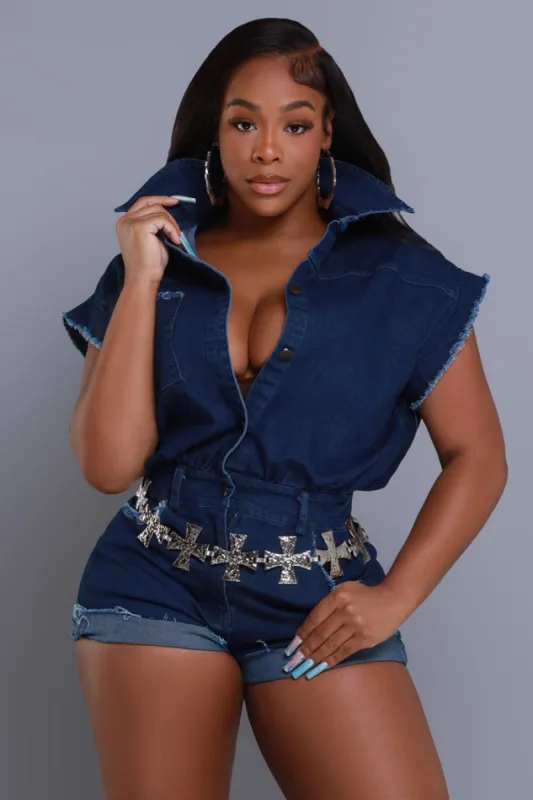 Still Waiting Distressed Denim Romper - Dark Wash sold by Swankaposh