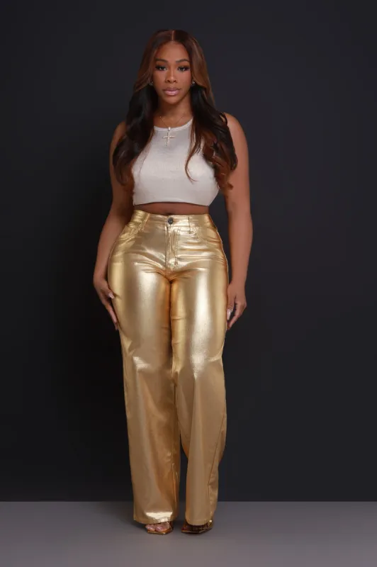 Trophy Room Wide Leg Metallic Pants - Gold sold by Swankaposh