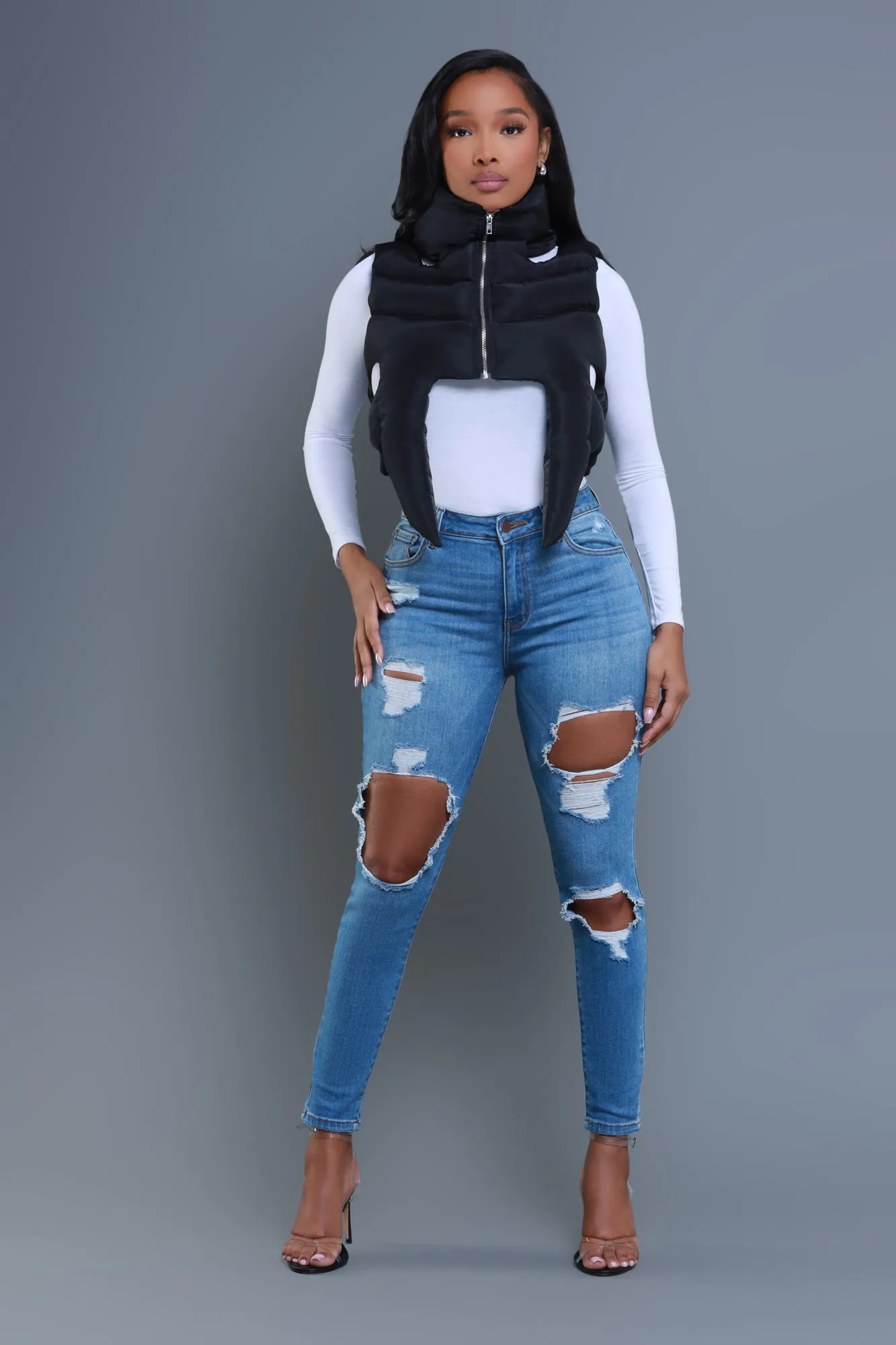 Girl Fight Cropped Cut Out Puffer Vest - Black sold by Swankaposh product image thumbnail 2