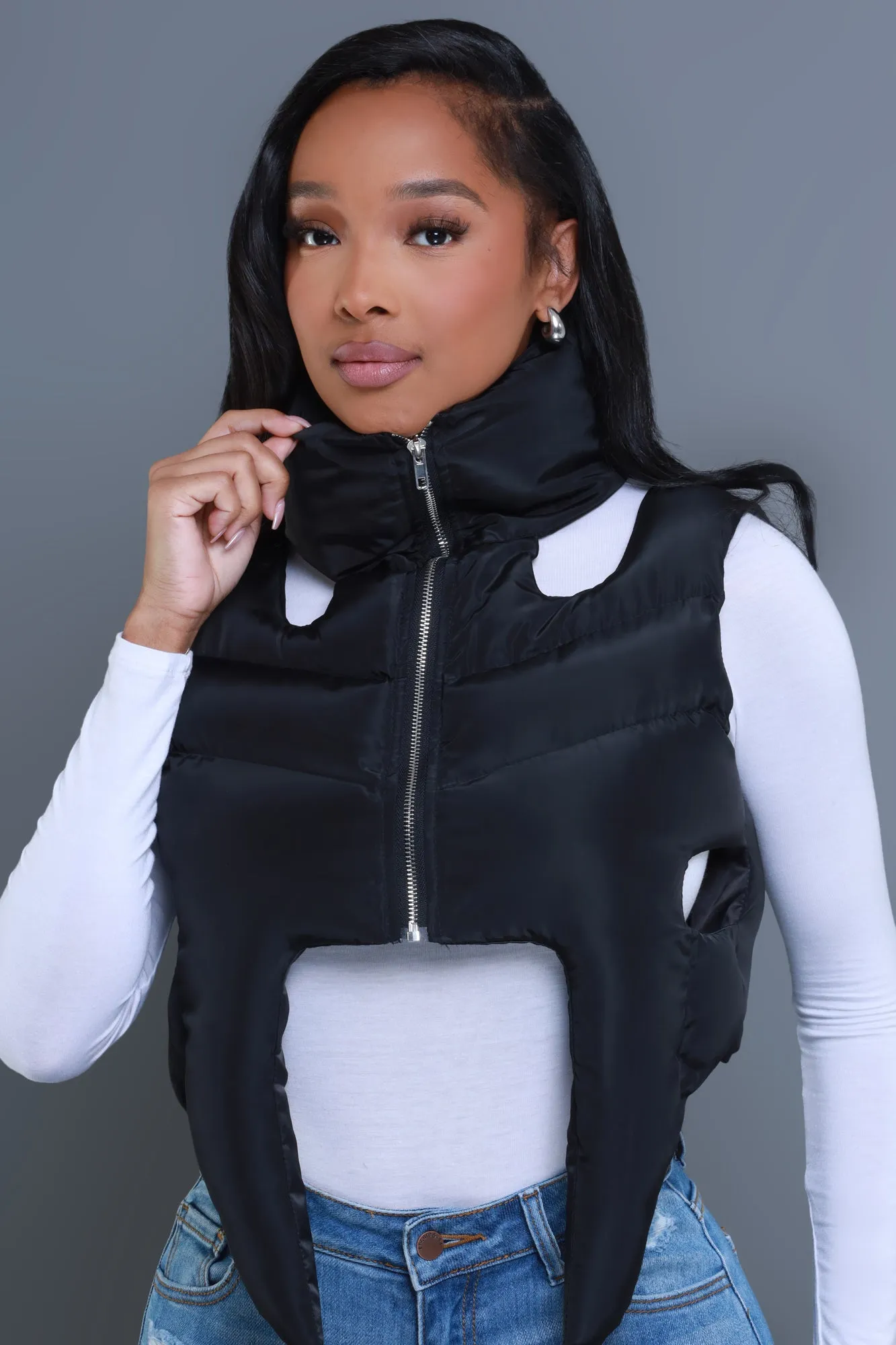 Girl Fight Cropped Cut Out Puffer Vest - Black sold by Swankaposh