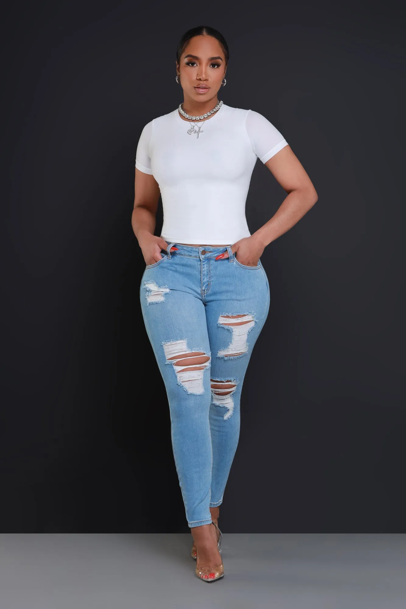 Not With You Hourglass Distressed Skinny Jeans - Light Wash sold by Swankaposh product image thumbnail 4