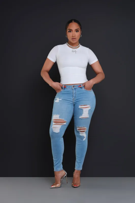 Not With You Hourglass Distressed Skinny Jeans - Light Wash sold by Swankaposh