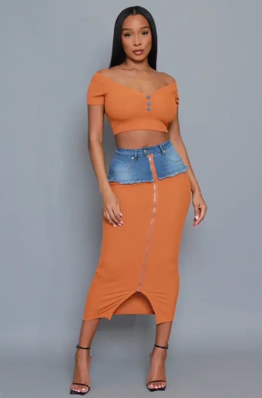 Test Me Ribbed Denim Skirt Set - Camel sold by Swankaposh