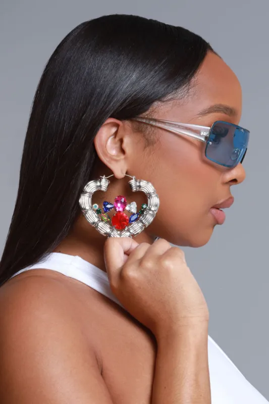 Full Of Love Rhinestone Heart Hoop Earrings - Silver sold by Swankaposh