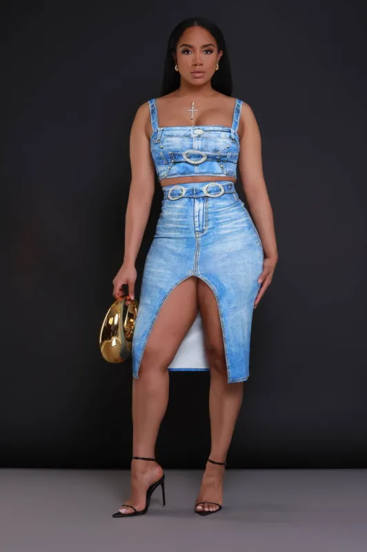 Tell The Truth Denim Print Skirt Set - Blue sold by Swankaposh