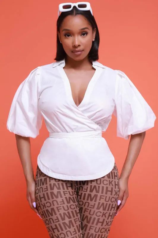 Favorite Part Puff Sleeve Wrap Top - White sold by Swankaposh
